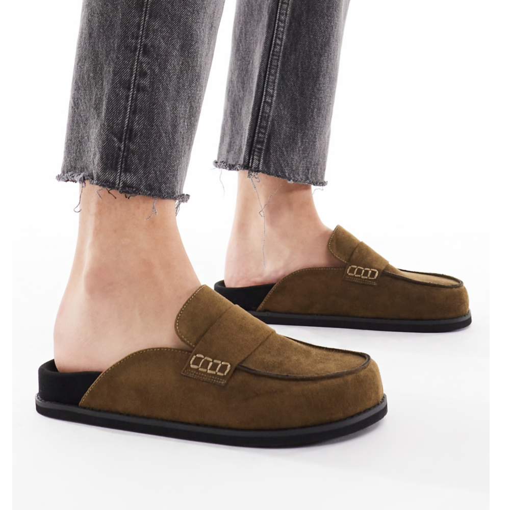 London Rebel Violet slip on mules in olive suedette in Brown - Picture 4 of 4